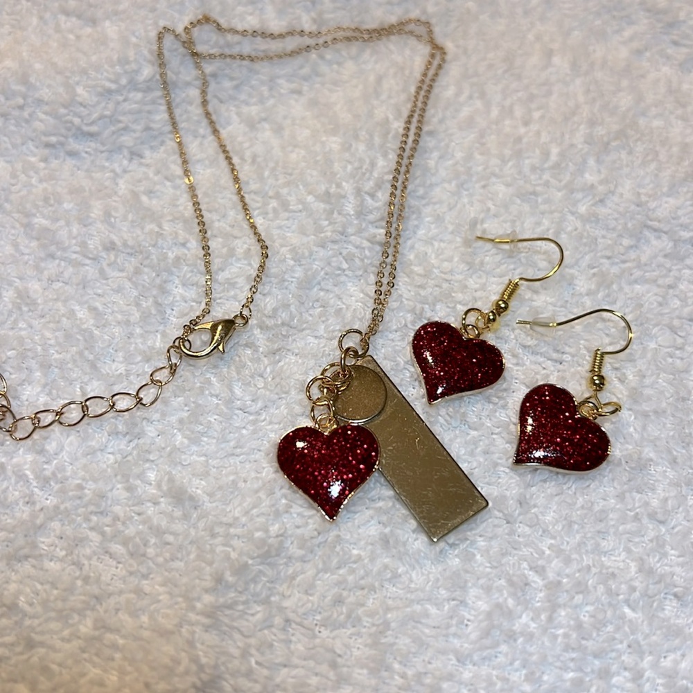 Red Heart Gold-Color charm necklace & earring set.